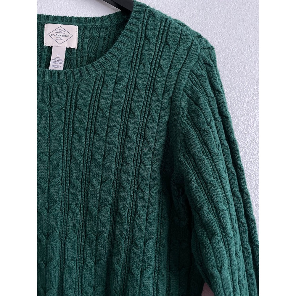 St. John's Bay Sweater Vintage 90s Preppy Cotton Women XL Green Cable Knit Crew